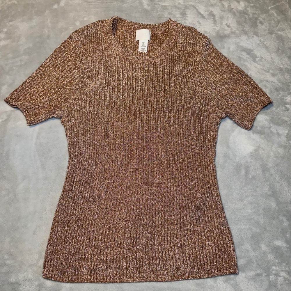 H&M Women's Rose Gold Metallic Ribbed Knit Short Sleeve Top Size L Crew Neck EUC